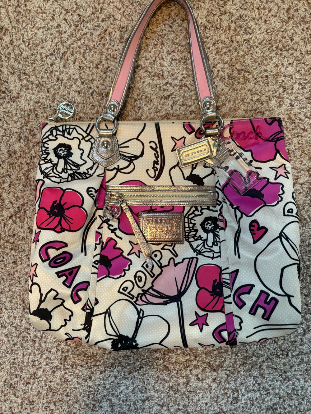 Coach Pink and White Poppy Print Tote with Silver Accents